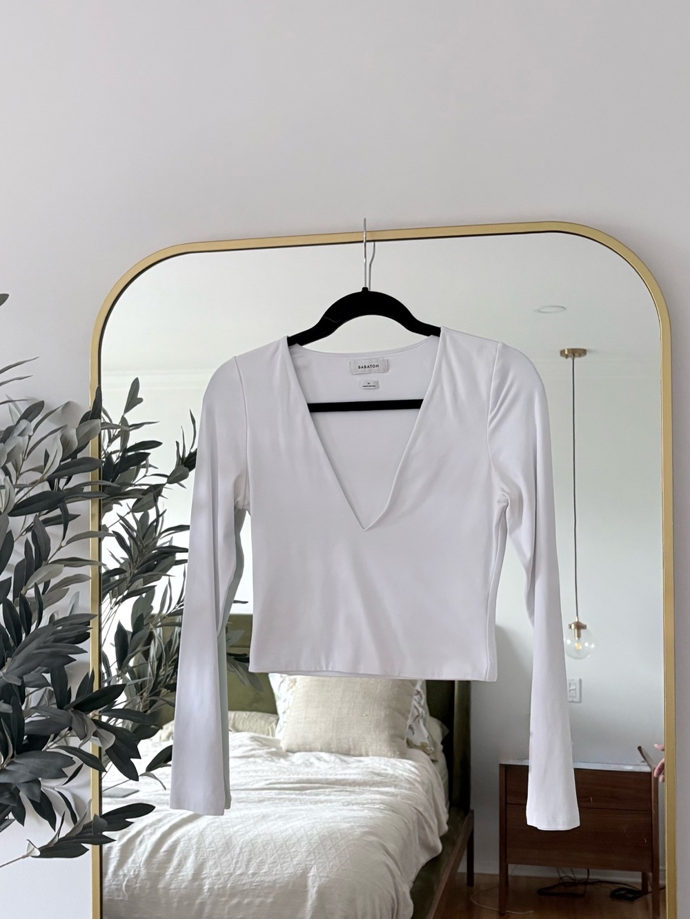 Aritzia White Deep V Long-Sleeve Cropped Top